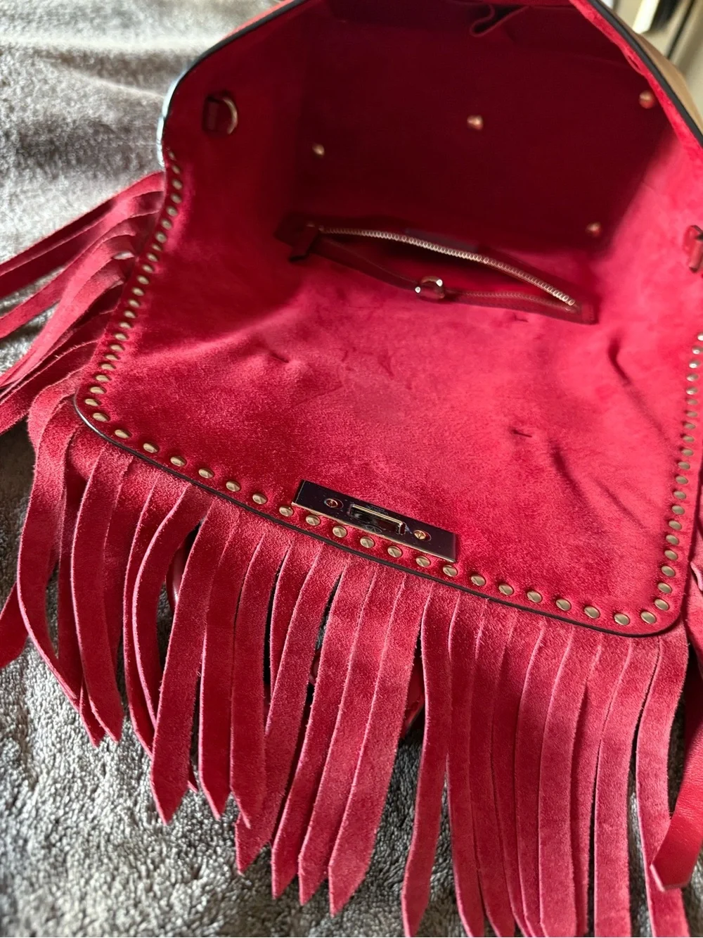 Valentino Garavani Rockstud Red Medium Tote Bag Fringe Turn Lock Strap